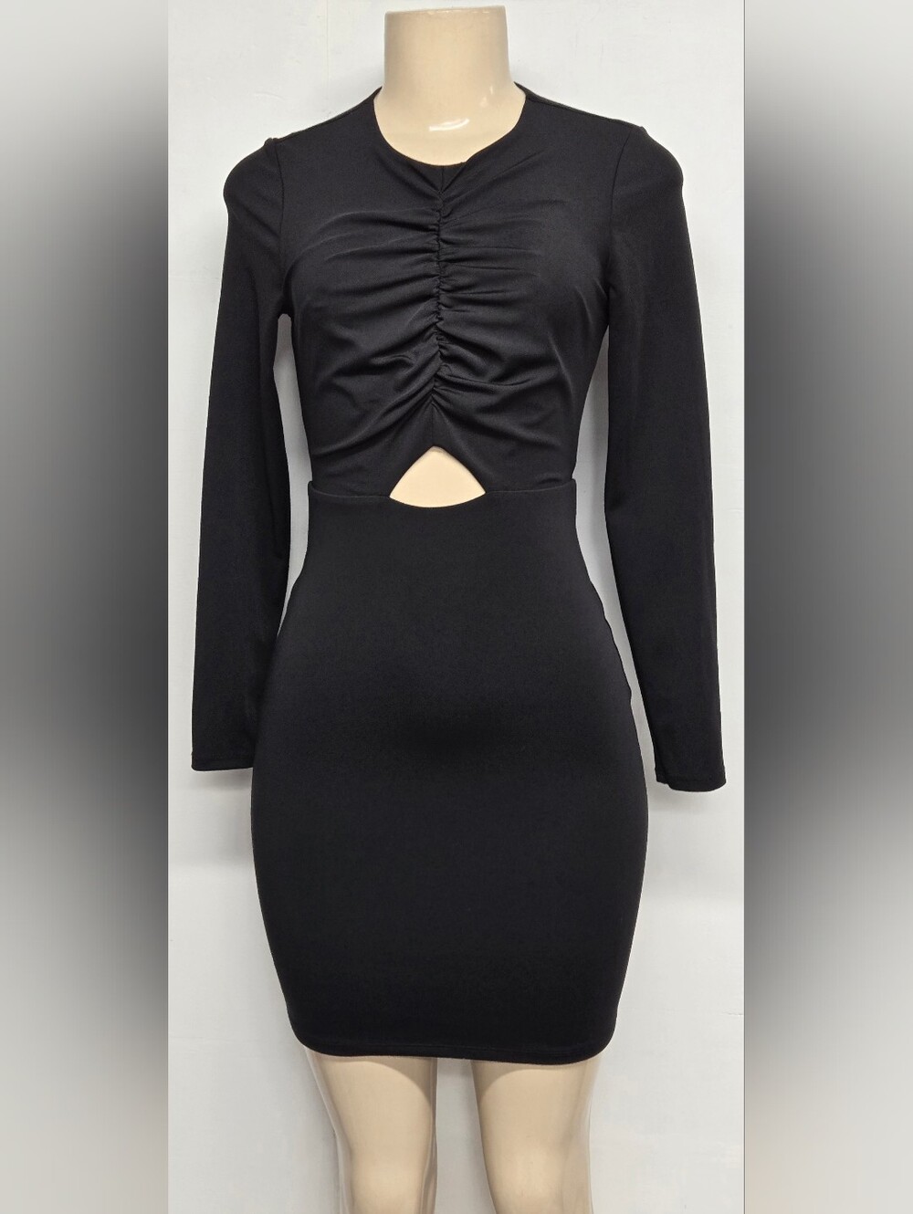 Express XS Black Stretch Sheath Dress Ruched Bodice Keyhole Long Sleeve